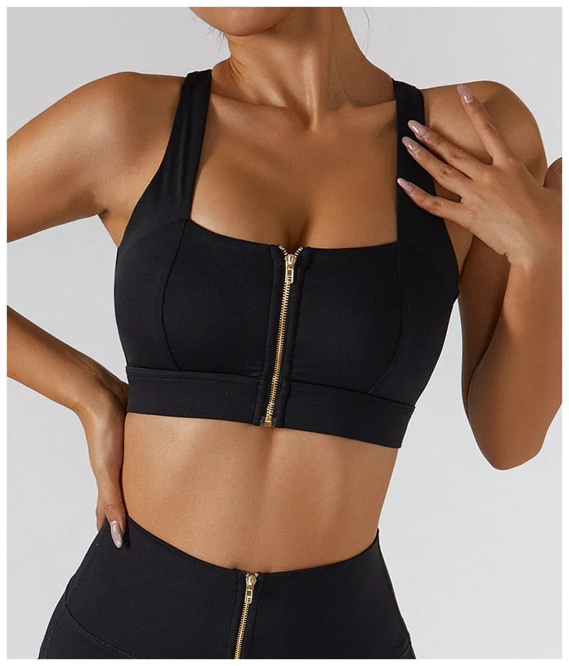 2 Piece Yoga Set Women Workout Sport Gym Wear Yoga Suit High Waist Leggings Skirts Front Zipper Bra Fitness Crop Top Yoga Sportswear