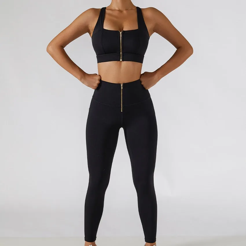 2 Piece Yoga Set Women Workout Sport Gym Wear Yoga Suit High Waist Leggings Skirts Front Zipper Bra Fitness Crop Top Yoga Sportswear