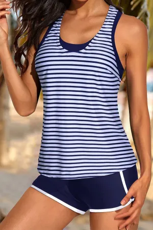 Athletic Stripe 3 Piece Tank Bathing Suits with Shorts and Racerback Sports Bra Tankini Set