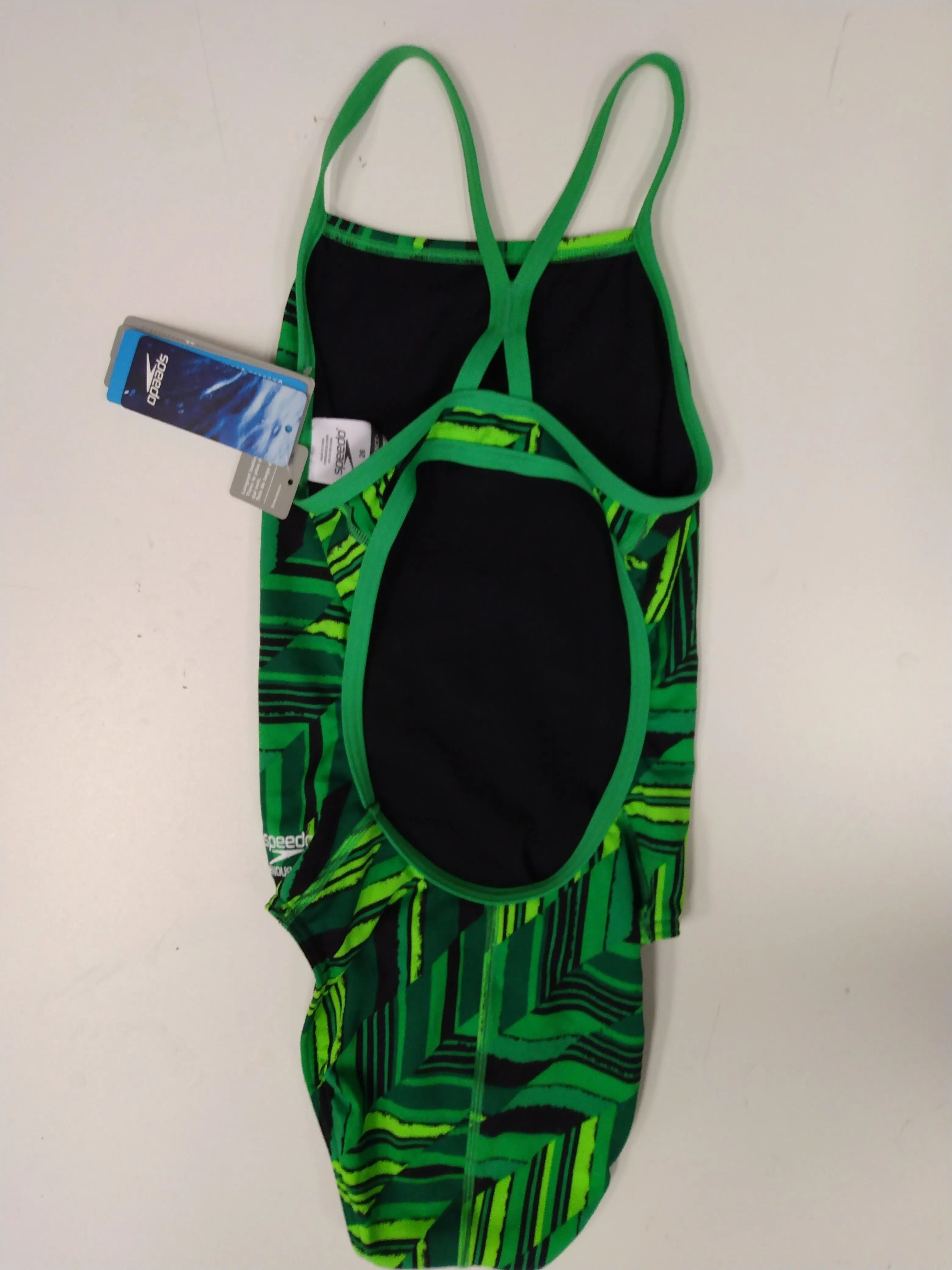 Chlorine Resistant SPEEDO One Piece Black/ Green Patterned  Size 26