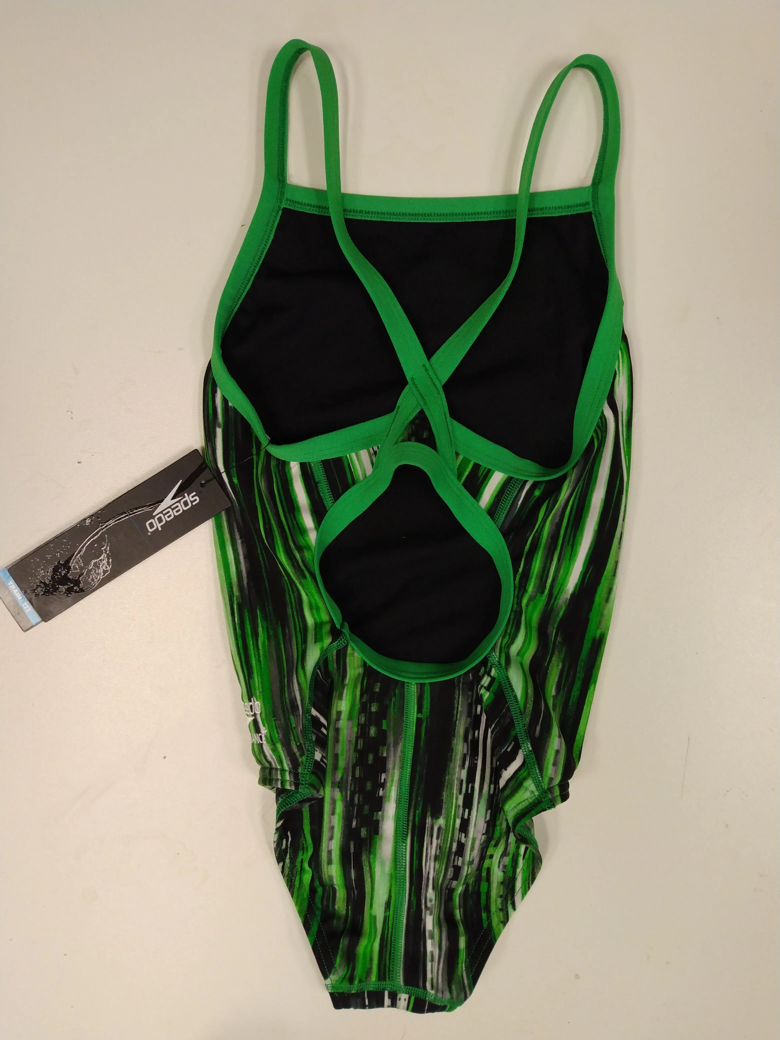 Chlorine Resistant SPEEDO One Piece Black/ Green Stripe Patterned  Size 22