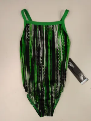 Chlorine Resistant SPEEDO One Piece Black/ Green Stripe Patterned  Size 22