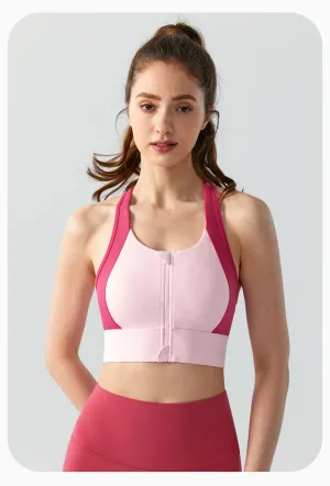 Front Zipper High Strength Sports Contrast Color Yoga Bra Strap Top