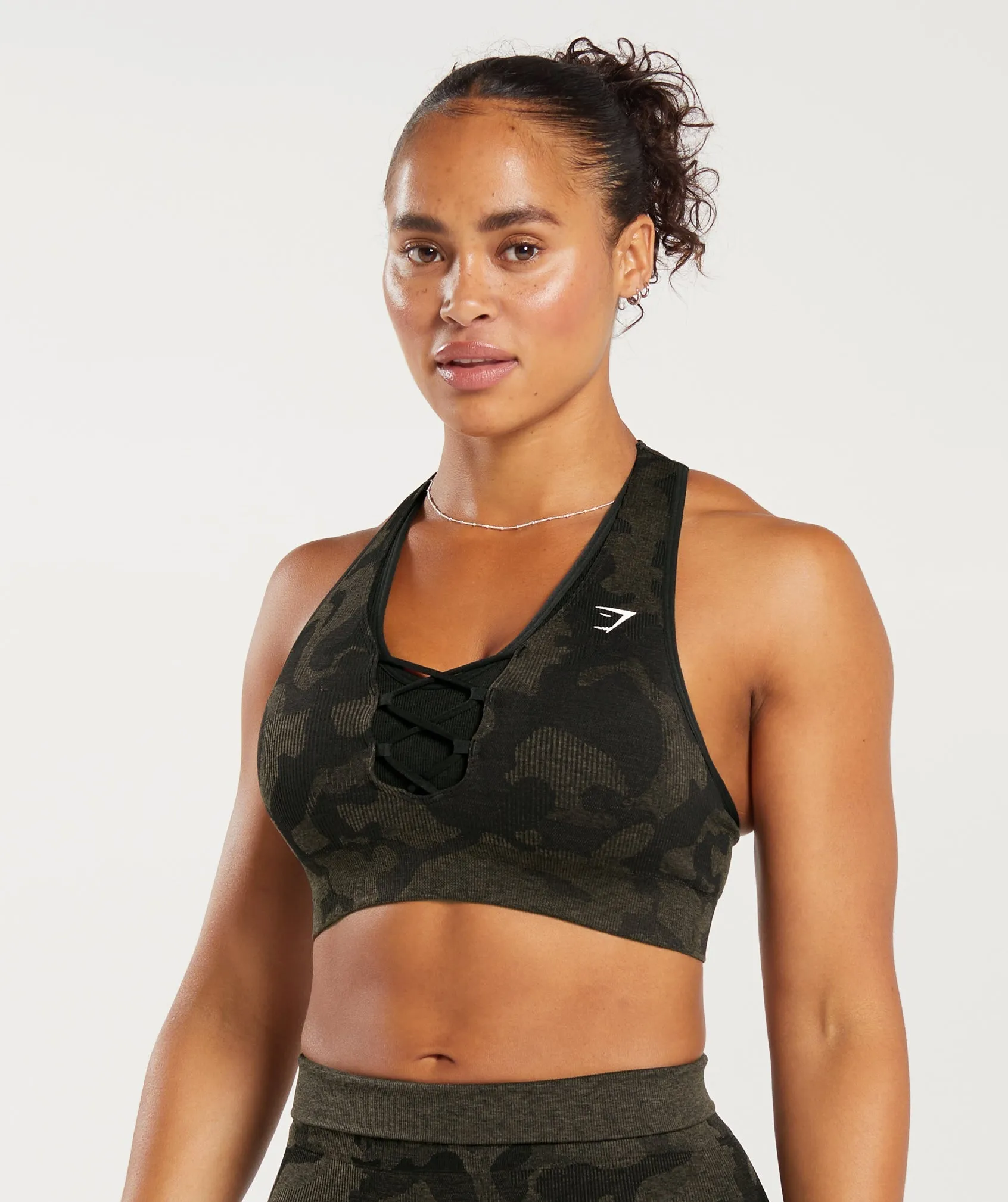 Gymshark Adapt Camo Seamless Ribbed Sports Bra - Black/Camo Brown