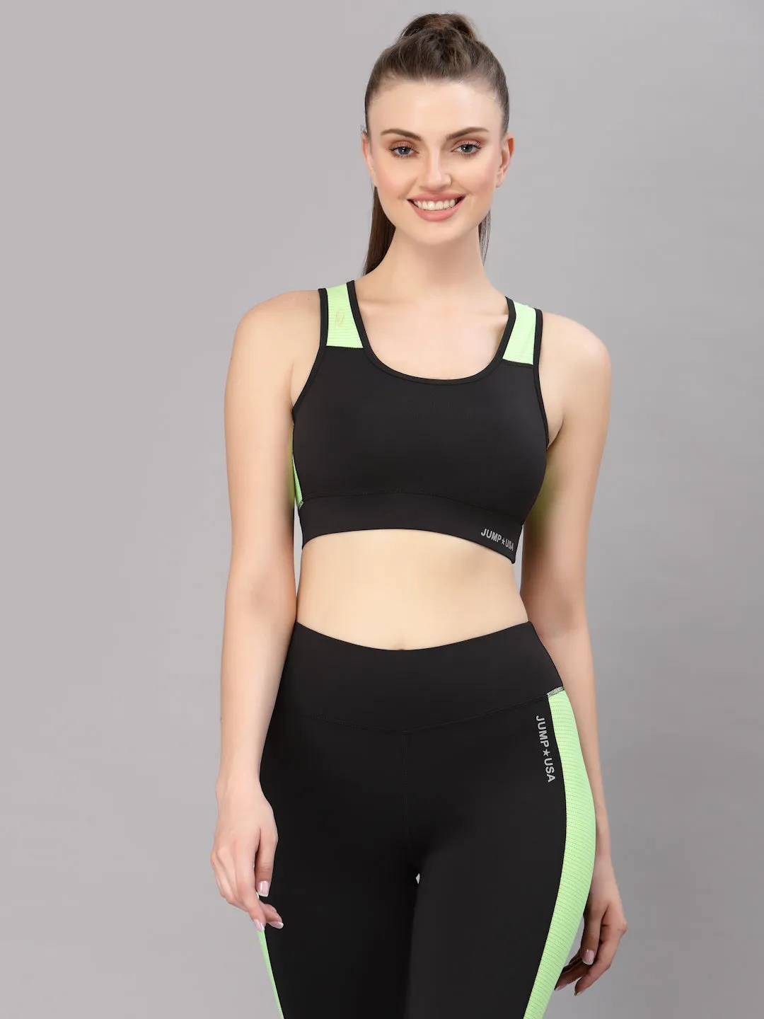 JUMP USA Women Black & Green Solid Rapid-Dry Sports Bra with Tights