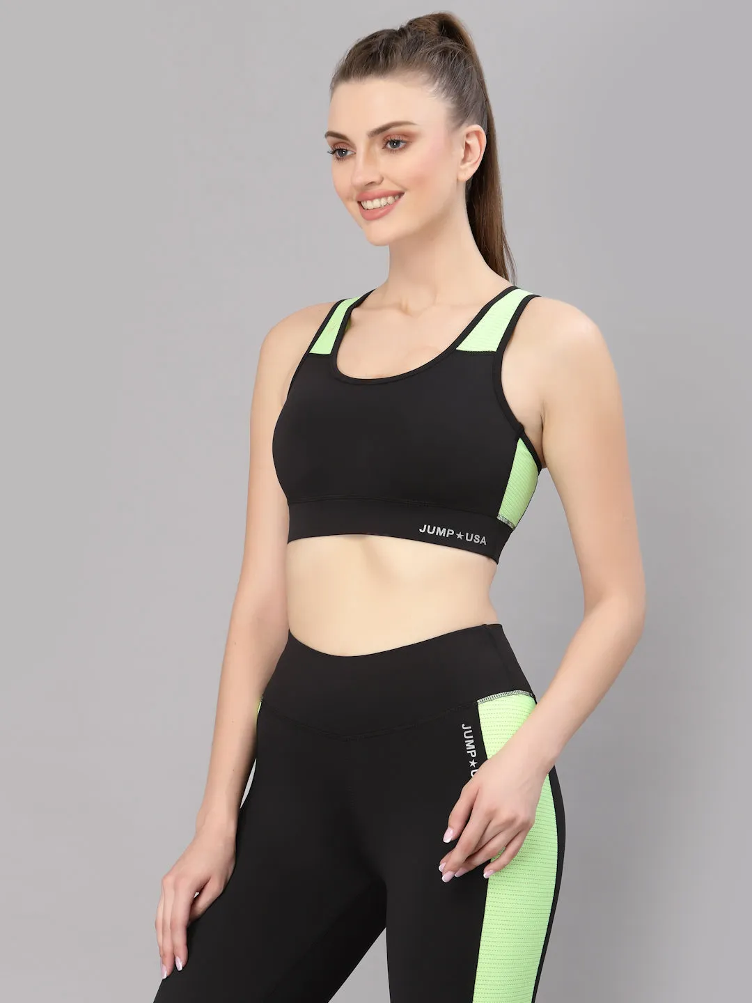 JUMP USA Women Black & Green Solid Rapid-Dry Sports Bra with Tights