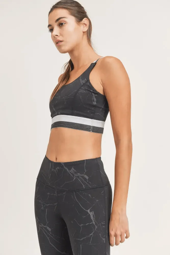 Mono B Marble Foil Print Double Striped Sports Bra