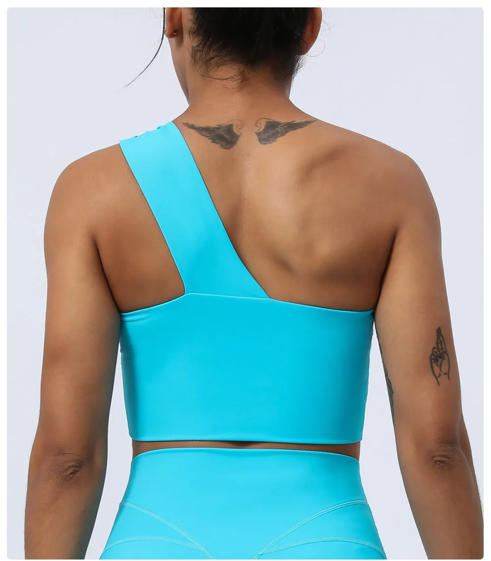 Pleated Hollow Cutout Yoga One Shoulder Asymmetric Sports Bra