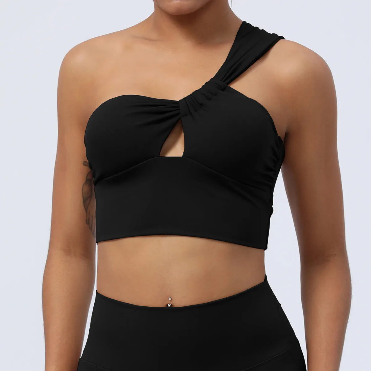 Pleated Hollow Cutout Yoga One Shoulder Asymmetric Sports Bra