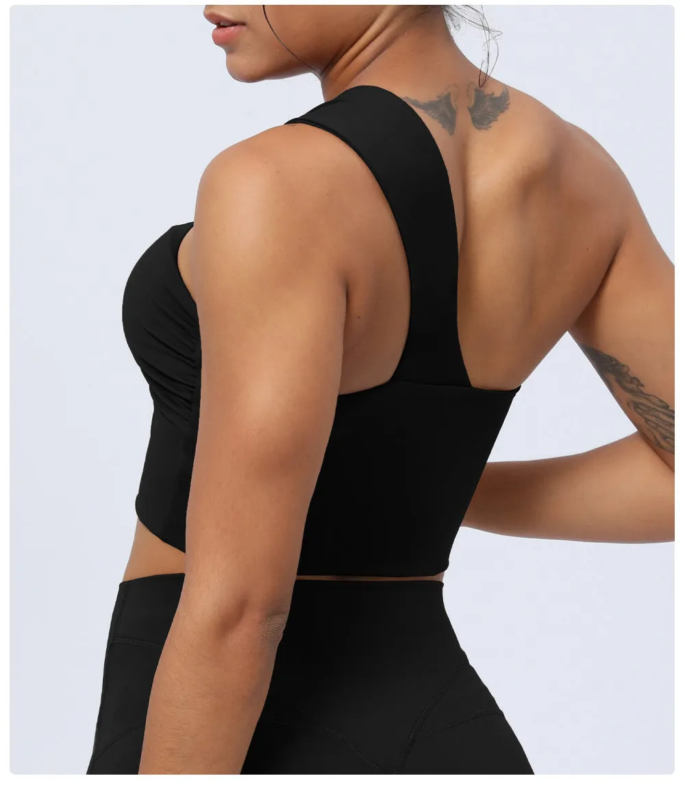 Pleated Hollow Cutout Yoga One Shoulder Asymmetric Sports Bra