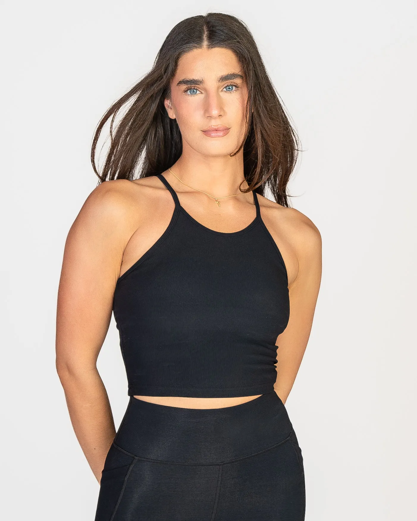 Ribbed Thin Strap Crop Tank - Black