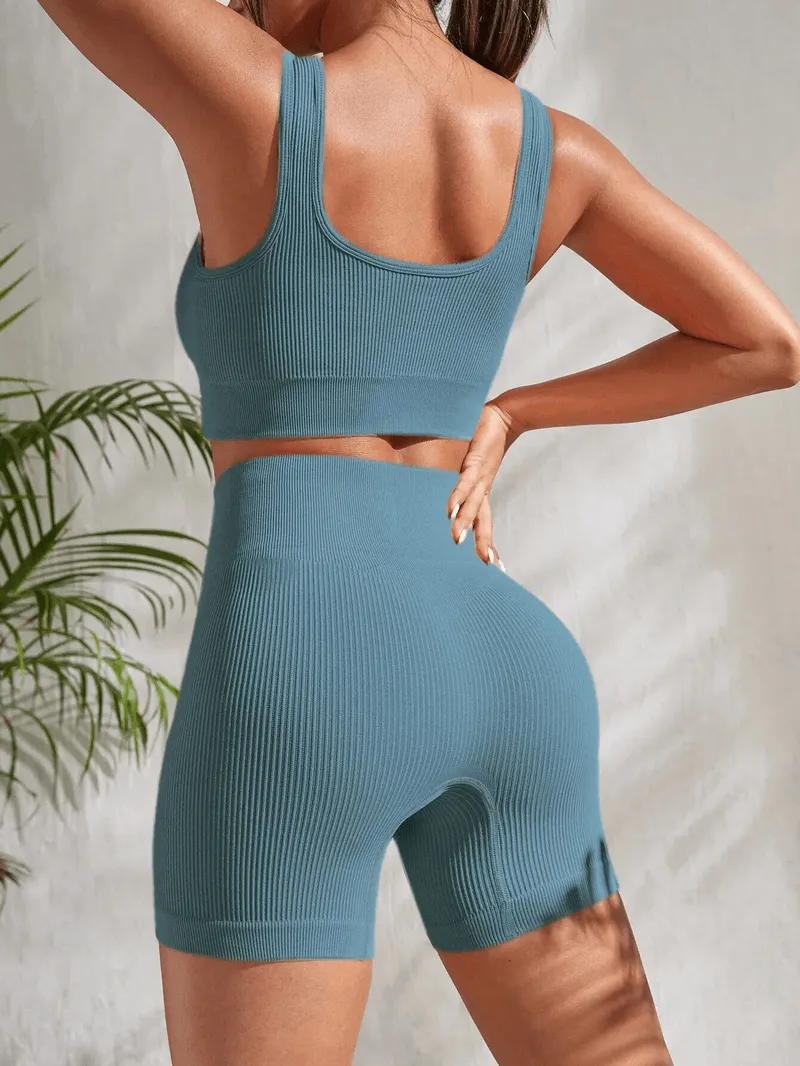 Seamless Ribbed Yoga Crop Top and High Waist Shorts - SF1759