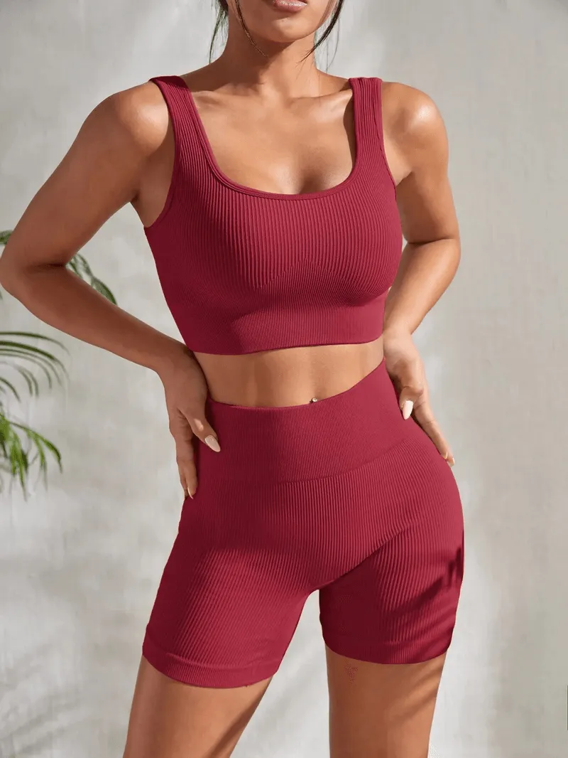 Seamless Ribbed Yoga Crop Top and High Waist Shorts - SF1759