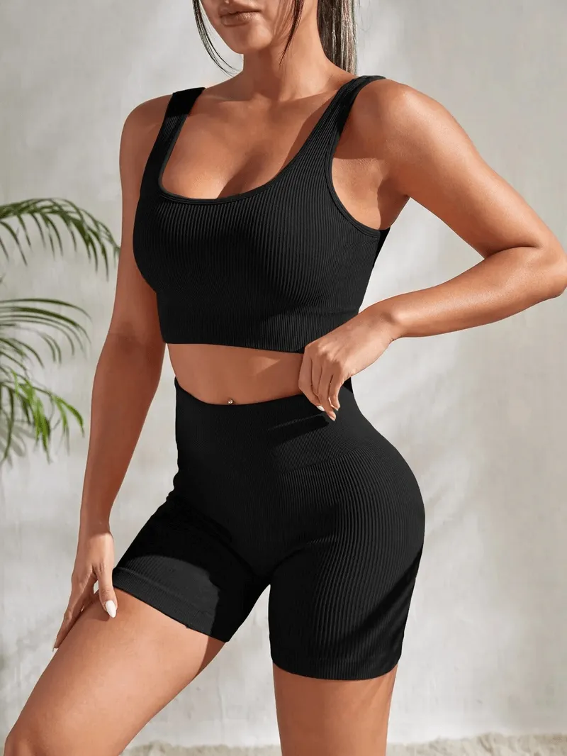 Seamless Ribbed Yoga Crop Top and High Waist Shorts - SF1759