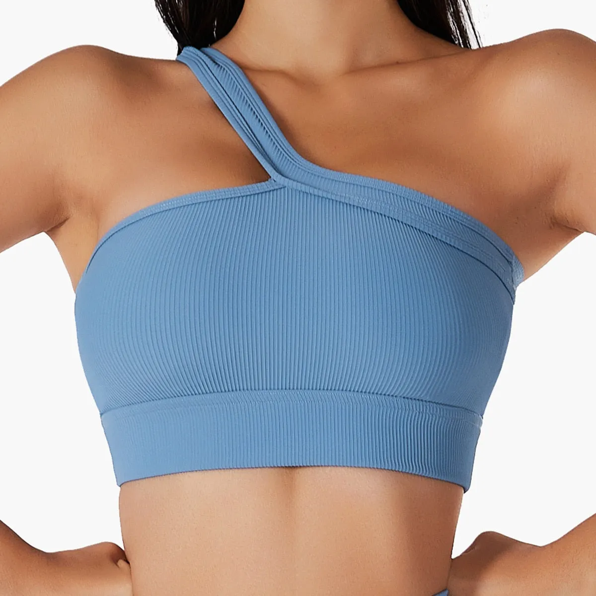 Seamless Thread Fabric Fitness Bra Single Shoulder Strap Gym Top Sports Underwear Outerwear Running Yoga Clothes