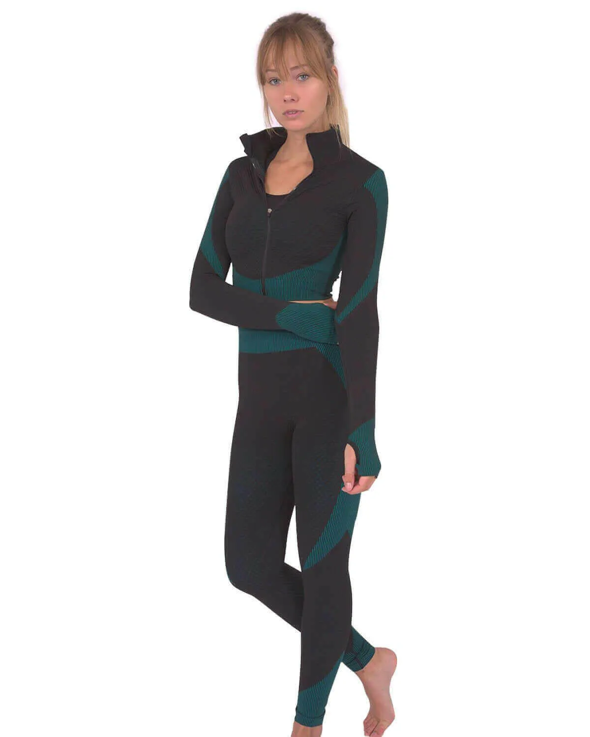 Trois Seamless Leggings & Sports Top 2 Set - Black with Teal Blue