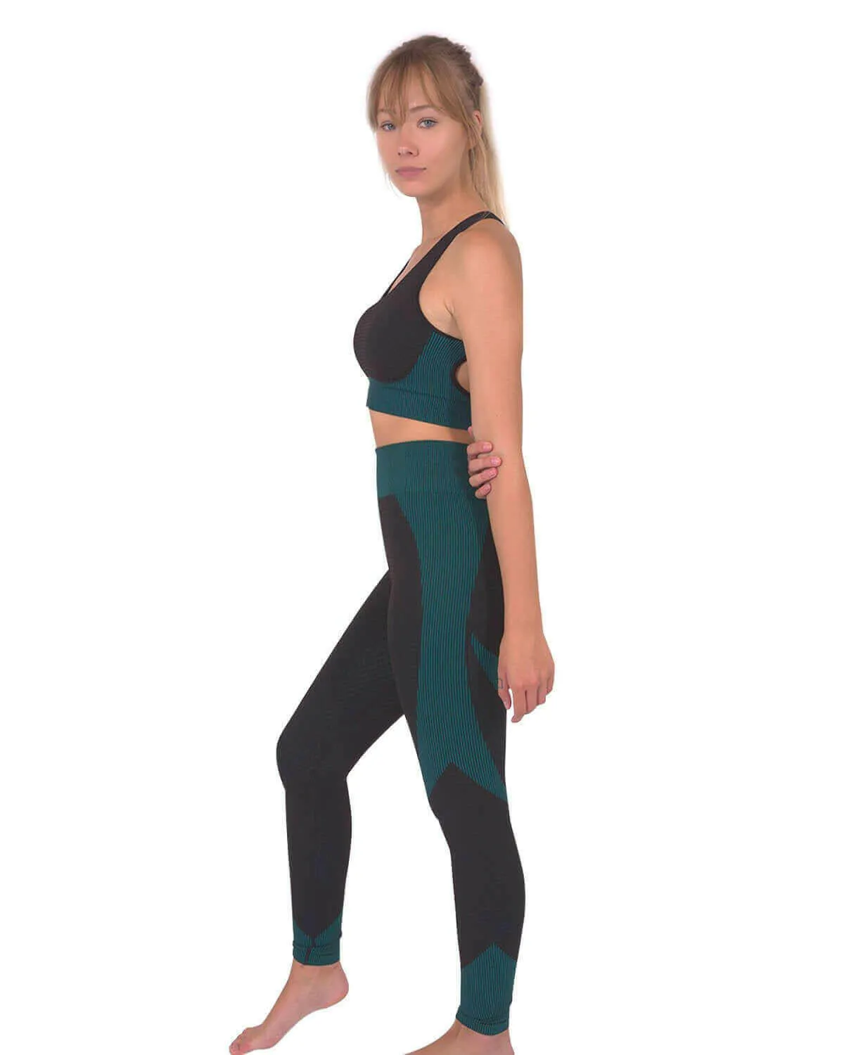 Trois Seamless Leggings & Sports Top 2 Set - Black with Teal Blue