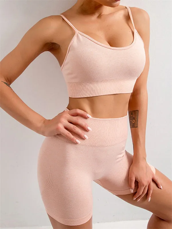 Women's Solid Colour Seamless Bra And Shorts Gym Set