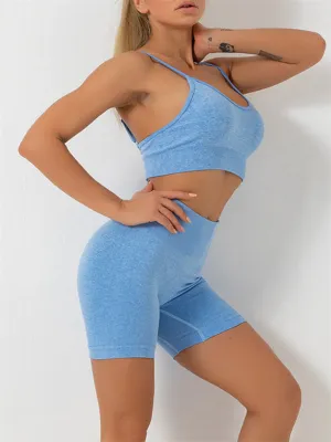 Women's Solid Colour Seamless Bra And Shorts Gym Set